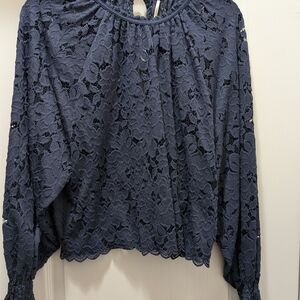 Free People Navy Floral Lace Long Sleeve Blouse